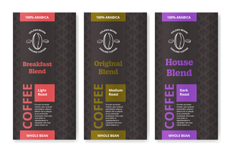 Coffee blend arabica light medium dark roast whole bean label pack sticker template set vectorのイラスト素材