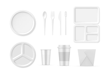 Plastic and paper disposable tableware for eating and drinking set realistic vector illustrationのイラスト素材