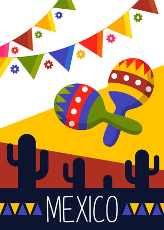 Mexican traditional festival party announcement poster with maracas cactus and flag vector flatのイラスト素材