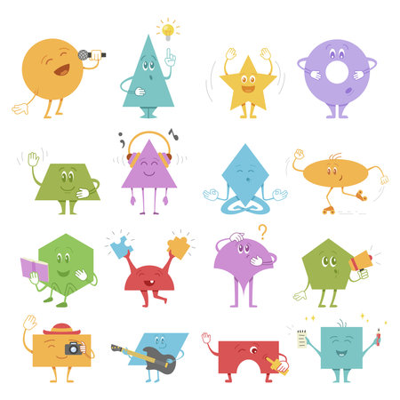 Geometric shape funny characters emoji with different face expression set isometric vectorのイラスト素材