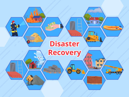 Disaster recovery program banner infographic plan with hexagonal design elements isometric vectorのイラスト素材