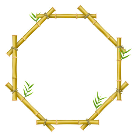 Bamboo hexagonal frame with leaves brown wooden border with sticks empty copy space realistic vectorのイラスト素材