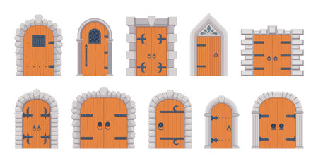 Medieval wooden doors with brick stone arch different shape set isometric vector illustrationのイラスト素材