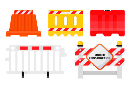 Road barriers and signs traffic renovation protection rack industrial guard pointer set vector flatのイラスト素材
