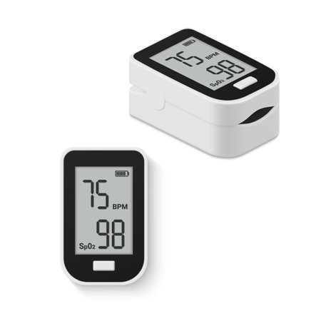 Pulse oximeter with normal value digital device for measure oxygen saturation set realistic vectorのイラスト素材