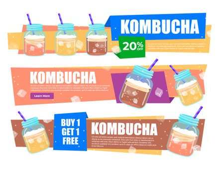 Kombucha sale discount landing page internet promo banner set isometric vector illustrationのイラスト素材