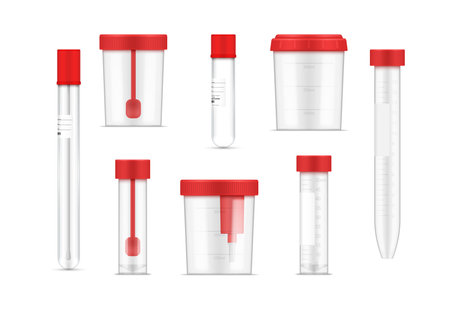 Medical containers assembling human biomaterial transparent plastic can red cap set realistic vectorのイラスト素材