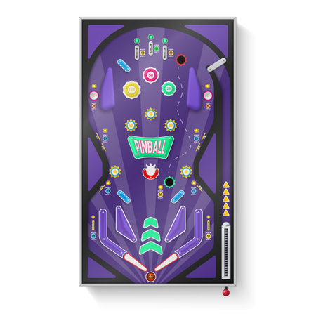 Pinball game machine field top view with shoot play ramps spinners realistic vector illustrationのイラスト素材