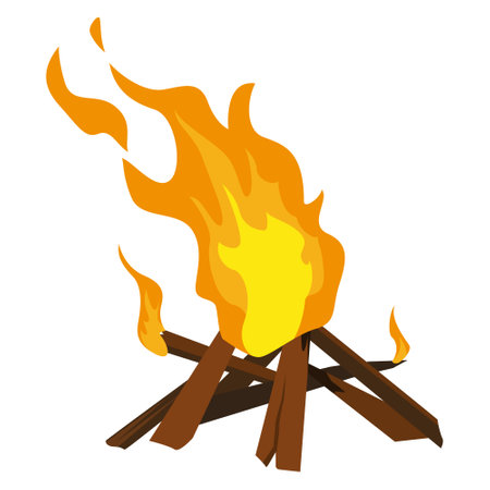 Bonfire burning flame with wooden plank glowing fireplace isometric vector illustrationのイラスト素材