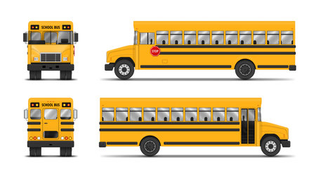 School bus kids driving yellow passenger transportation front back side view set realistic vectorのイラスト素材