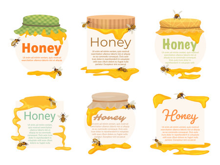 Honey and bee promo banner jar container shape decorative design set vector isometric illustrationのイラスト素材