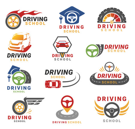 Driving school colored business logo set design template with wheels and cars vector flatのイラスト素材