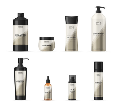Hair beauty care cosmetic brand package bottle set realistic vector illustrationのイラスト素材