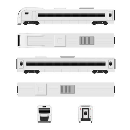 White modern passenger speed train wagon locomotive set different view realistic vector illustrationのイラスト素材