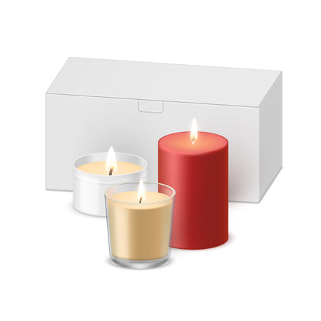Set of aroma candles in glass and metallic pack with box container realistic vector illustrationのイラスト素材