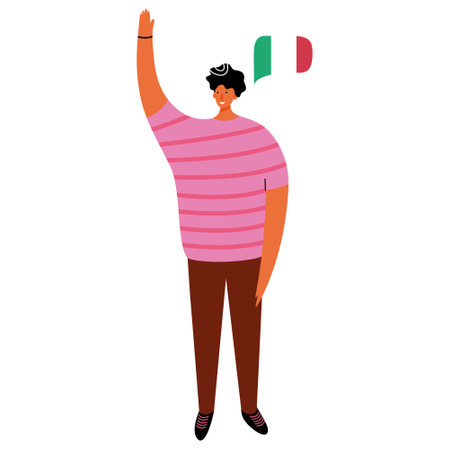 Young smiling man speaking Italian language speech bubble flag vector flat illustrationのイラスト素材