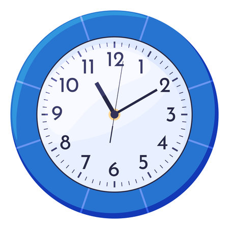 Round wall clock with blue frame and arrows for time checking vector flat illustrationのイラスト素材