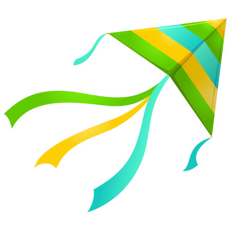 Children s flying kite with green yellow blue stripes and ribbon for summer leisure isometric vectorのイラスト素材