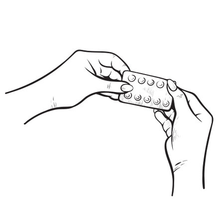Female hands holding medical pills blister pack line art black minimalist engraved vectorのイラスト素材