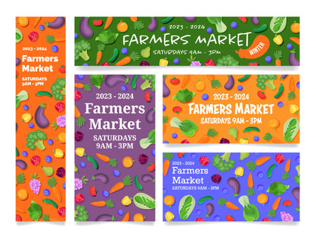Farmers market agricultural fair announce poster banner header set vector illustrationのイラスト素材