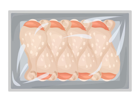 Frozen chicken drumsticks pack poultry raw part on plastic tray polystyrene top view vector flatのイラスト素材