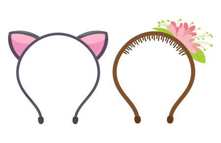 Feminine headbands bezel cat ears and blossom flowers with leaves set vector flat illustrationのイラスト素材