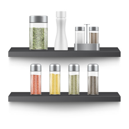Kitchen spices in glass can on shelves seasoning cooking ingredient in container realistic vectorのイラスト素材