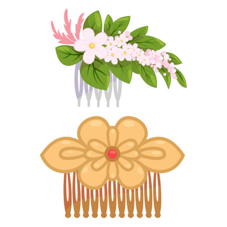 Female scallops hair clips for hairstyle fixing accessory with flower vintage style set vector flatのイラスト素材