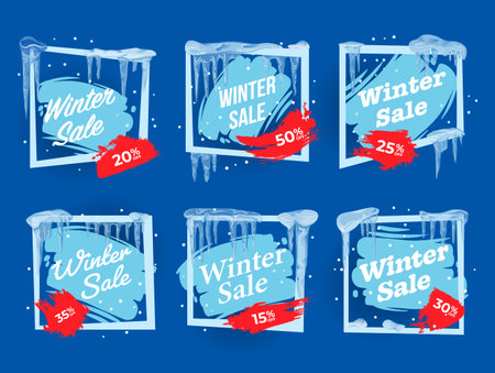 Winter sale discount iced frozen frame clearance shopping poster design template set vector flatのイラスト素材