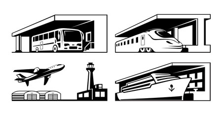 Stations public transport bus train airplane and ship monochrome line set isometric vectorのイラスト素材
