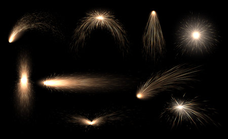 Sparks from welding or cutting metal fire engineering explosion fireworks flash set realistic vector