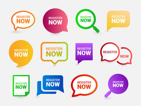 Register now quick tips speech bubble magnifying glass icon design template set vector illustrationのイラスト素材