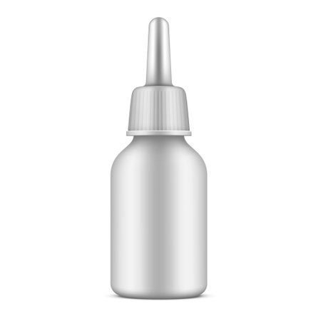 Nasal spray bottle white plastic package with cap nozzle mockup realistic vector illustrationのイラスト素材
