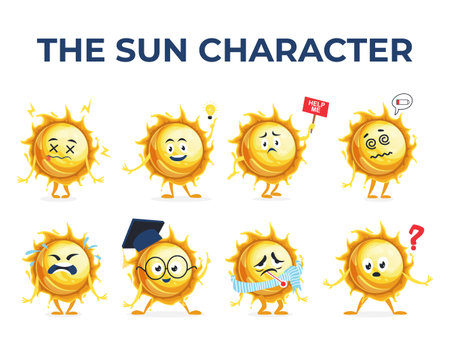 Funny sun character cartoon comic summer bright emoticon set isometric vector illustrationのイラスト素材