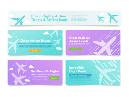 Airlines offer cheap flight ticket landing page header design template set vector illustrationのイラスト素材