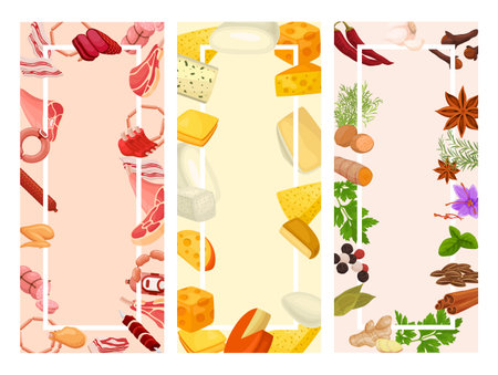 Food frame rectangle banner with meat cheese and herbs vegetables set isometric vector illustrationのイラスト素材