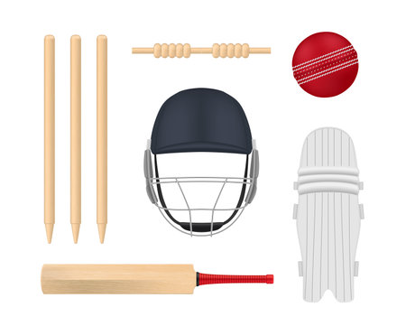 Cricket equipment professional sport game playing leisure activity set realistic vector illustrationのイラスト素材