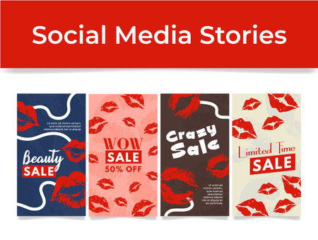 Beauty sale shopping social media stories with red female lips design template set vectorのイラスト素材