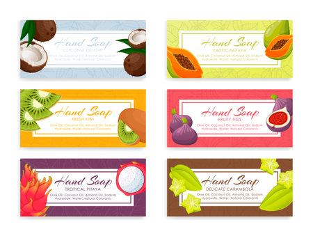 Craft hand soap label with tropical fruit calligraphy banner design template set vector illustrationのイラスト素材