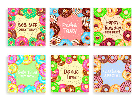 Donut sale special offer discount advertising social media post design template set vectorのイラスト素材