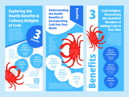 Crab food benefits healthy culinary delicious flyer poster design template set vector flatのイラスト素材