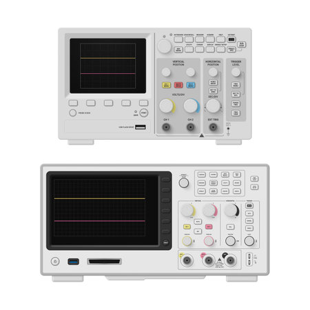 Oscilloscope oscillograph instrument for electrical amplitude wave with display set realistic vectorのイラスト素材