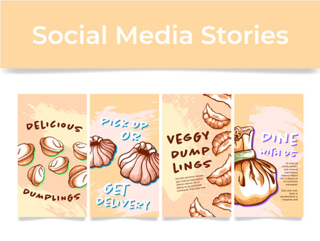 Delicious dumplings food menu retro engraved style social media stories design template set vectorのイラスト素材