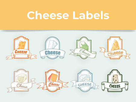 Cheese engraving pack label detailed retro advertising design template set vector illustrationのイラスト素材