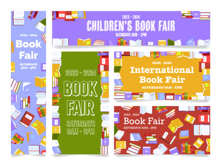 Children international book fair poster banner design template set isometric vector illustrationのイラスト素材