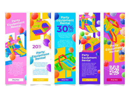 Party equipment rental air balloon trampoline sale landing page flyer design template set vectorのイラスト素材