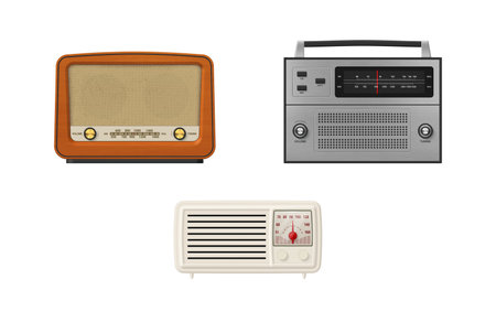Retro radio different musical broadcast audio sound speaker electronic device set realistic vectorのイラスト素材