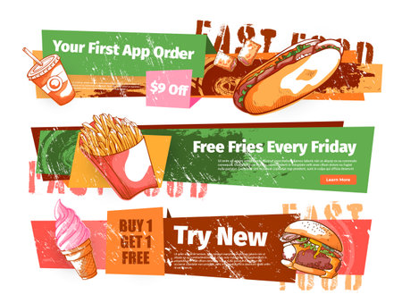 Street fast food menu sale discount grunge contour banner design template set vector isometricのイラスト素材