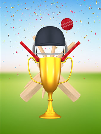 Cricket sport equipment with golden cup championship realistic poster design template vectorのイラスト素材