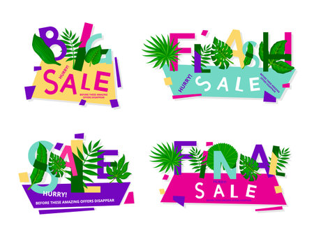 Flash big final sale tropical botanical green leaves banner design template set vector flatのイラスト素材